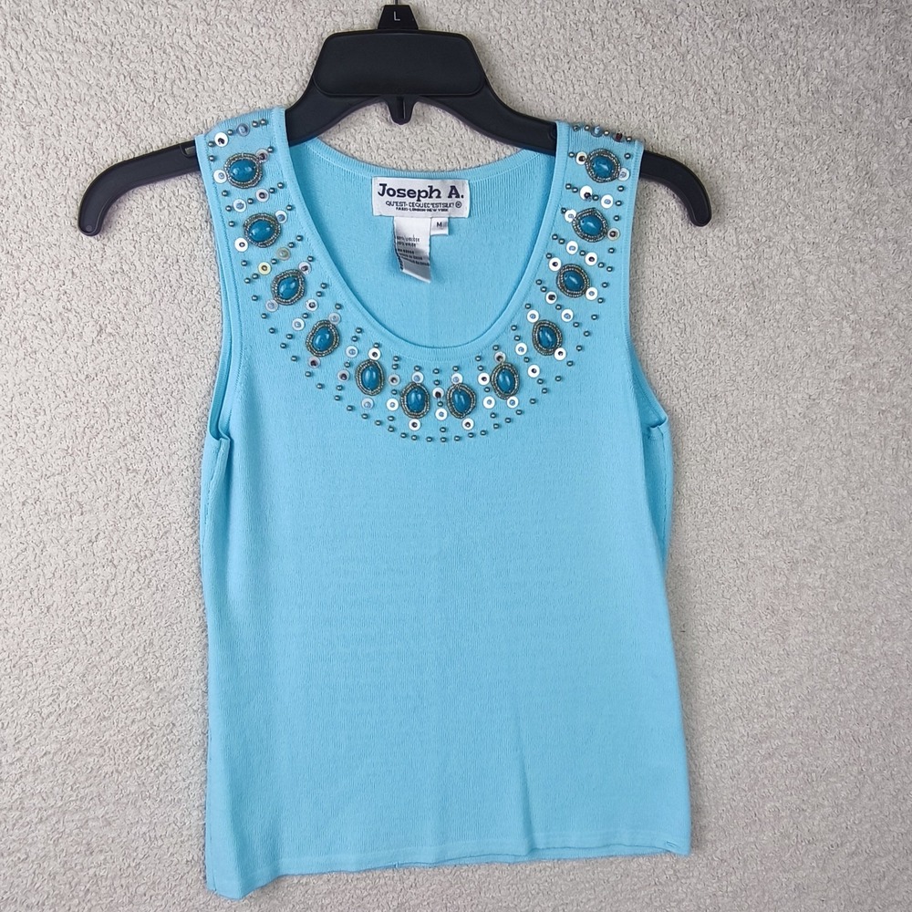 Joseph A Turquoise Beaded Sleeveless Knit Top Womens M Y2K Embellished Old money